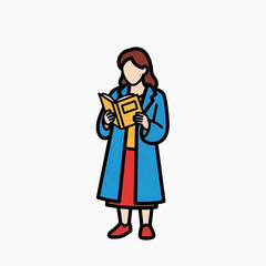 Obraz premium Woman in blue coat standing reading yellow book, minimalist literacy and travel concept