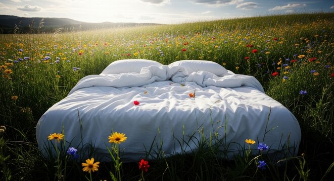 A bed with white bedding sits in a vibrant meadow with wildflowers