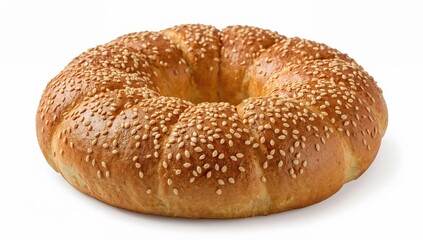 Fototapeta premium Freshly baked kaak bread ring coated with sesame seeds on white background
