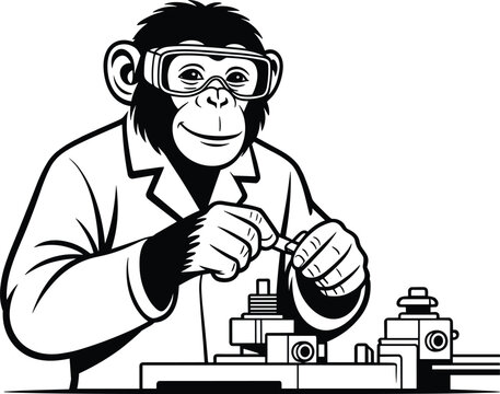 Black and white vector illustration of a chimpanzee technician wearing safety goggles and a lab coat assembling complex mechanical equipment.