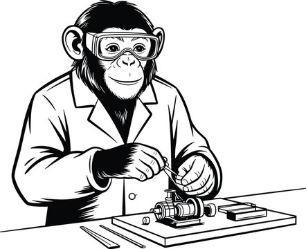 Black and white vector illustration of a chimpanzee scientist wearing safety goggles and a lab coat working on technical equipment.