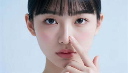 鼻先を指差す若い女性の正面ポートレート