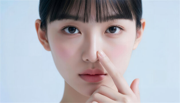 鼻先を指差す若い女性の正面ポートレート