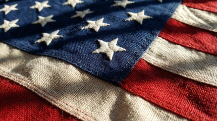 Detailed Close Up of Embroidered Stars on Vintage American Flag © Numan