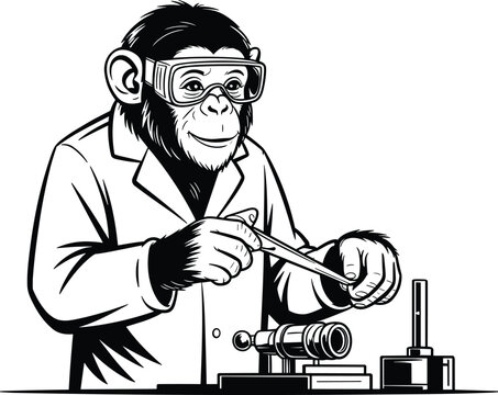 Black and white vector illustration of a chimpanzee technician wearing safety goggles and a lab coat repairing complex mechanical parts.