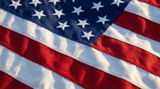 Close-up of American Flag with Stars and Stripes in Sunlight