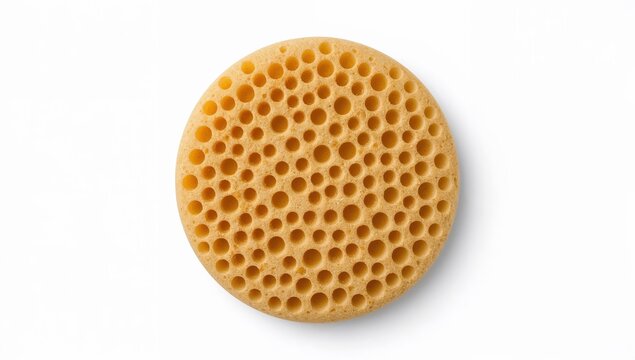 Round lahoh spongy flatbread with honeycomb texture and airy interior full of tiny holes on white background