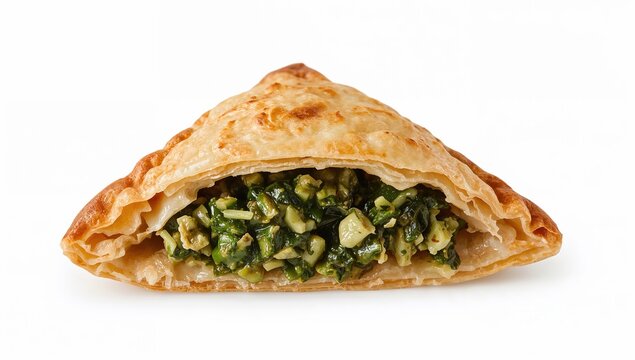Lebanese spinach fatayer pastry with spiced vegetable filling inside golden flaky triangle crust isolated on white background