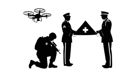 Military drone, soldier, and medics with medical symbol in silhouette