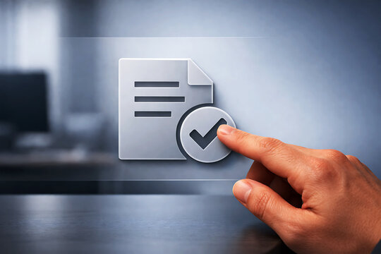 Hand clicking checkmark on document finger document button