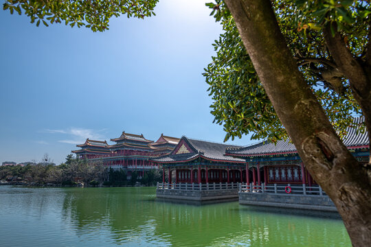 The pond and Chinese pavilions at San Xian Shan, Penglai, China. Capture translation from Chinese: Hean building