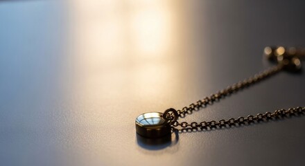 Fototapeta premium A gold pendant necklace rests on a smooth surface with sunlit background