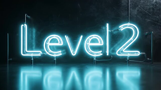 A neon sign reading Level 2 in a dark futuristic environment video