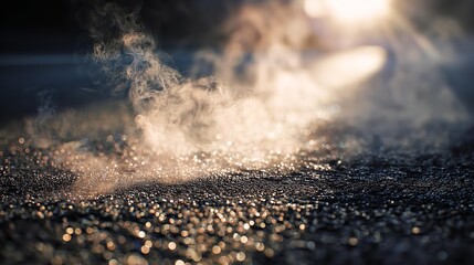 Naklejka premium Freshly laid asphalt surface with steam rising in a smooth dark texture isolated on white background