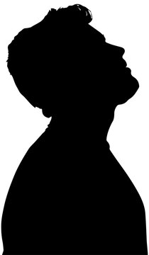 Black silhouette of a man looking up toward the sky isolated on white background