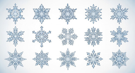 Collection of Various Blue Snowflakes with Intricate Patterns.