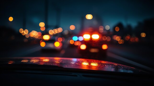 A 4K photo of flashing police car siren lights at night. Vibrant red and blue colors against dark background. Emergency services, law enforcement vehicles on duty. Crime.