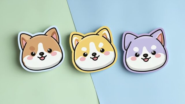 Three cute cartoon corgi dog faces with happy expressions on a green and blue background, perfect for stickers or emoticons.