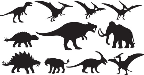 Obraz premium Black silhouettes of prehistoric animals on white background dinosaurs 1
