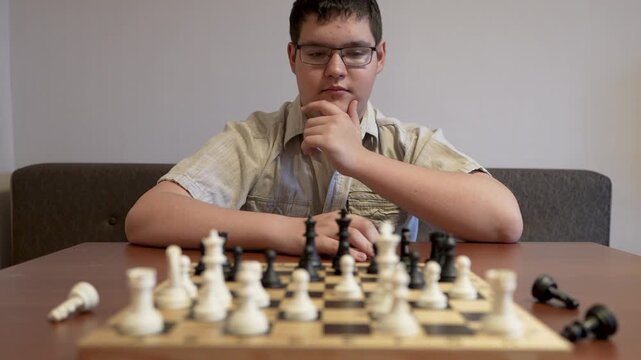 Teenage boy plays chess at home at the table. The concept of children development.