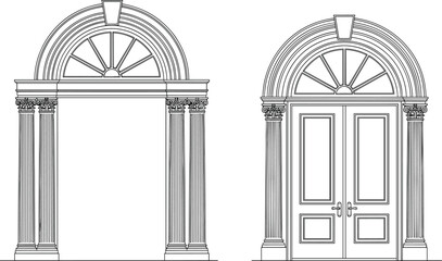 Naklejka premium Classical arched doorway elevation with fluted columns and double doors, elegant architectural line art illustration for historic and luxury design projects