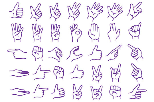 
Hand gestures line icon set. Included icons as fingers interaction, pinky swear, forefinger point, greeting, pinch, hand washing and more.
