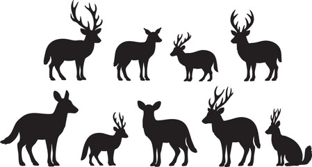 Fototapeta premium Black silhouettes of seven woodland animals with antlers and one without on white background