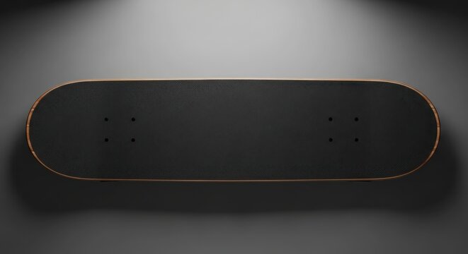 A sleek skateboard with a black grip tape surface, overhead shot