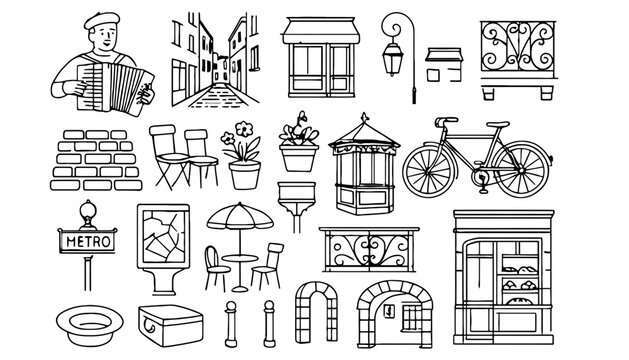 A set of Paris street scene vector illustrations and icons