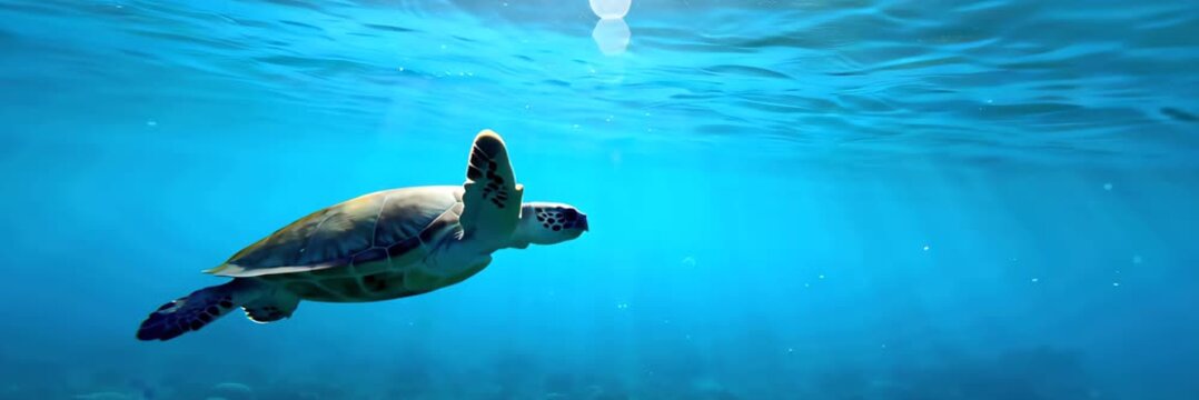 Sea turtle swimming underwater in clear blue ocean with copy space for text, marine wildlife nature concept.