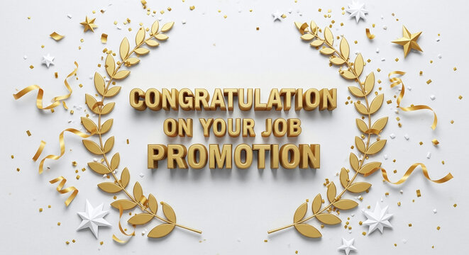 Gold laurel wreath with "Congratulations on Your Job Promotion" message on white background.