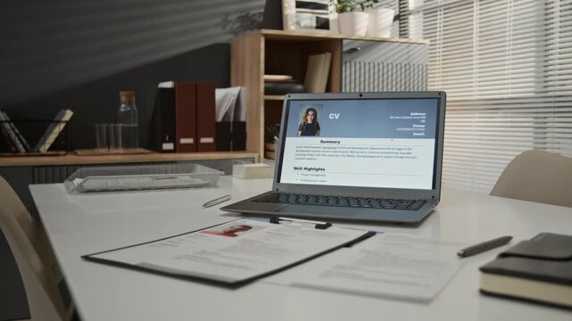 No people shot of large work table with laptop displaying applicants CV, paper forms, pen and leather notebook in modern office, with wooden furniture in background