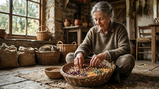 Elderly woman sorting multicolored beans in rustic kitchen, warm natural light and cozy mood