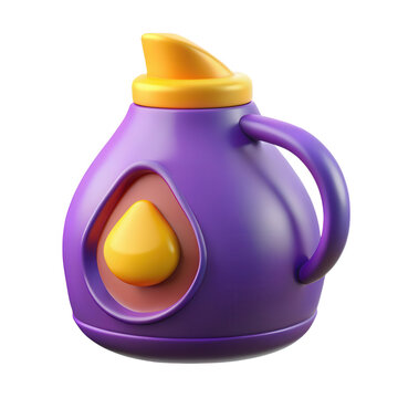3d rendered cartoonish purple bottle with yellow drop isolated on transparent background