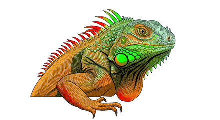 Obraz premium Green Iguana Reptile Portrait, Vibrant Colors, Detailed Scales, White Background
