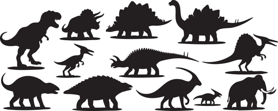 Black silhouettes of various dinosaurs on white background prehistoric