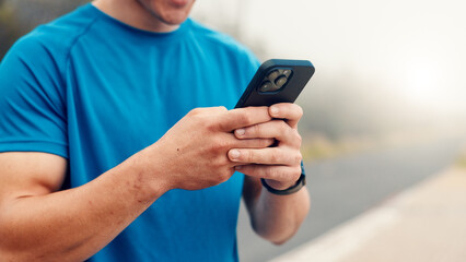 Fitness phone and hands of man in nature for runner tracking performance app and health stats. Running progress, online training schedule and wellness with person. outdoor for contact and space