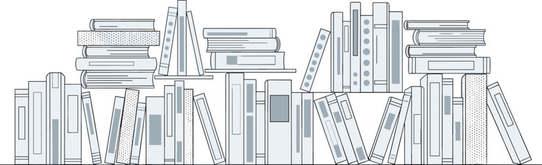 Modern bookshelf illustration with stacked and upright books, clean minimal line art design for education, library, reading, and interior decor concepts © meri999