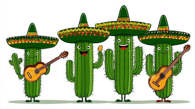 Cinco de mayo Cheerful Cacti Musicians Playing Guitar