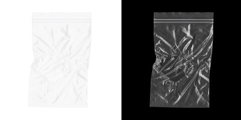 Empty crinkled transparent plastic zipper bag isolated on white and black backgrounds versatile packaging concept © Tania