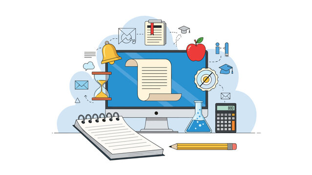 Online education and e-learning icons include a computer screen, a notebook with a pencil, a lightbulb, and science tools.