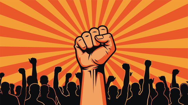 Strong raised fist emerges from a crowd of protesters against an orange sunburst background symbolizing unity and power.