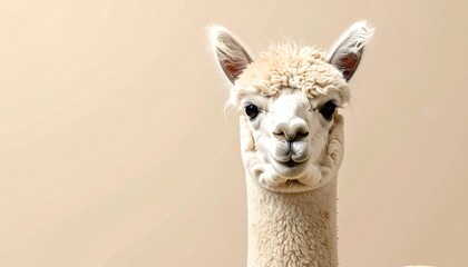 Fototapeta premium Close-up portrait of a fluffy white alpaca looking at the camera.