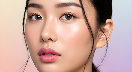 Fototapeta premium 透明感のある肌とピンクの唇を持つ若いアジア人女性の顔のクローズアップ
