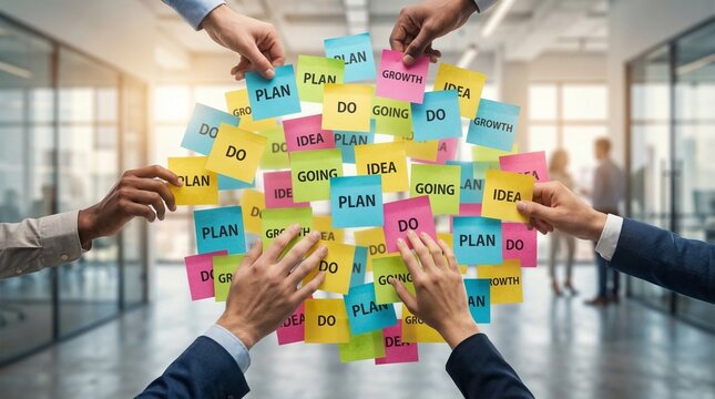Brainstorming session with hands placing colorful sticky notes with words like plan, idea, and do on a glass wall, symbolizing collaboration and innovation in a modern office setting