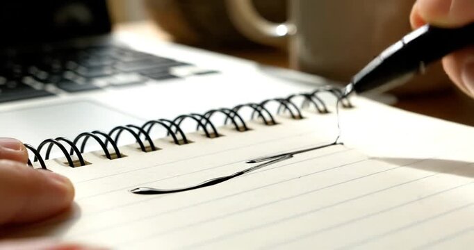 Close-up of a hand writing with a pen on a notepad beside a laptop in a cozy workspace