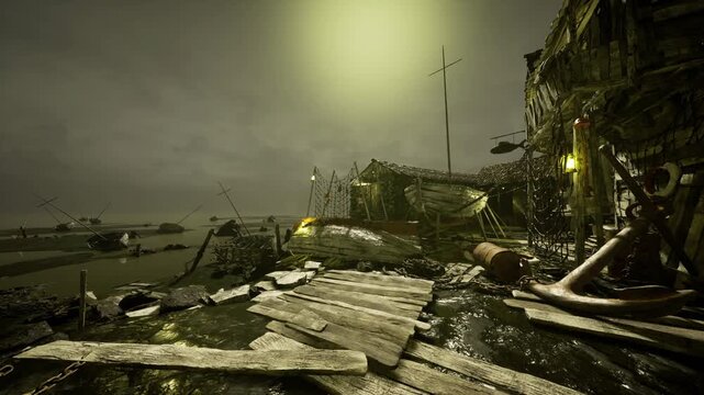 Lanternlit dock amid scattered wreckage and tangled nets, atmosphere heavy with salt spray, broken planks and distant hulks under overcast sky creating