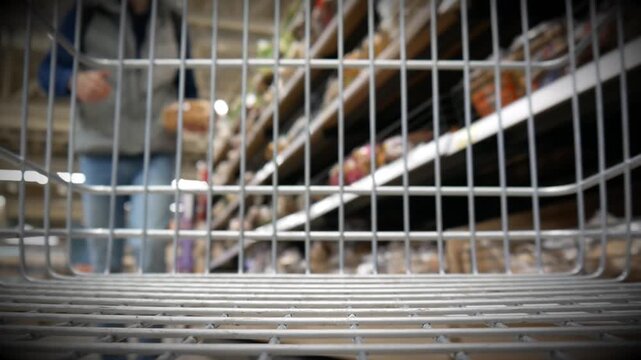A male customer puts a pack of sliced wheat bread in a shopping cart