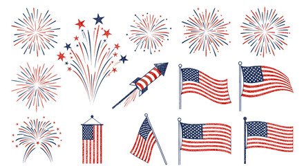 Obraz premium Collection of festive american flags waving and fireworks exploding in celebration