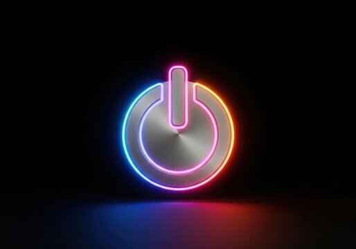 A metallic power button symbol illuminated by a vibrant neon glow in a dark environment